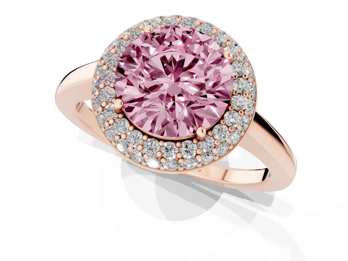 Fancy Pink Round Cut Halo Diamond Engagement Ring with Solitaire Band and Four-Prong Setting Rose gold