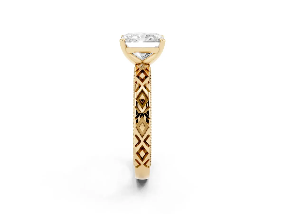 Radiant Cut Solitaire Diamond Ring with Milgrain and Black Enamel X Pattern Band Yellow gold