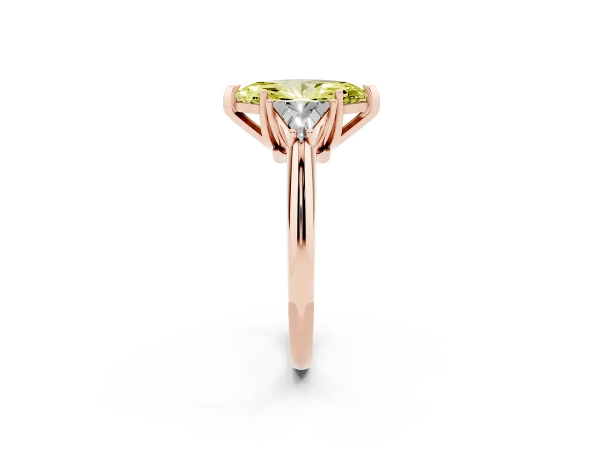 Fancy Yellow Three-Stone Marquise Cut Diamond Engagement Ring with Trillion Side Stones and Prong Setting Rose gold