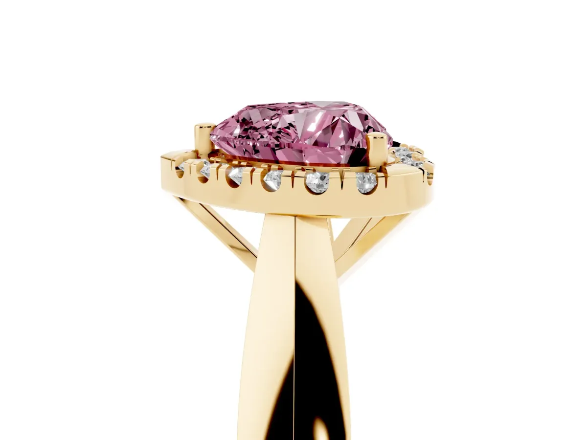 Fancy Pink Heart Cut Cut Halo Solitaire Engagement Ring with Square Band and Four-Prong Setting Yellow gold