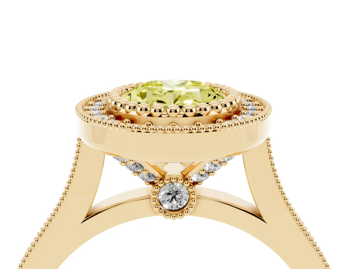 Fancy Yellow Oval Cut Diamond Halo Ring with Milgrain Frame and Pavé Band Yellow gold