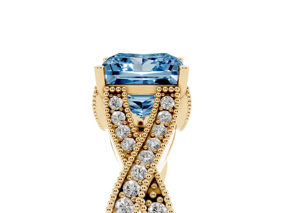 Fancy Blue Princess Cut Cut Diamond Twisted Band with Milgrain Pave Setting and Four-Prong Setting Yellow gold