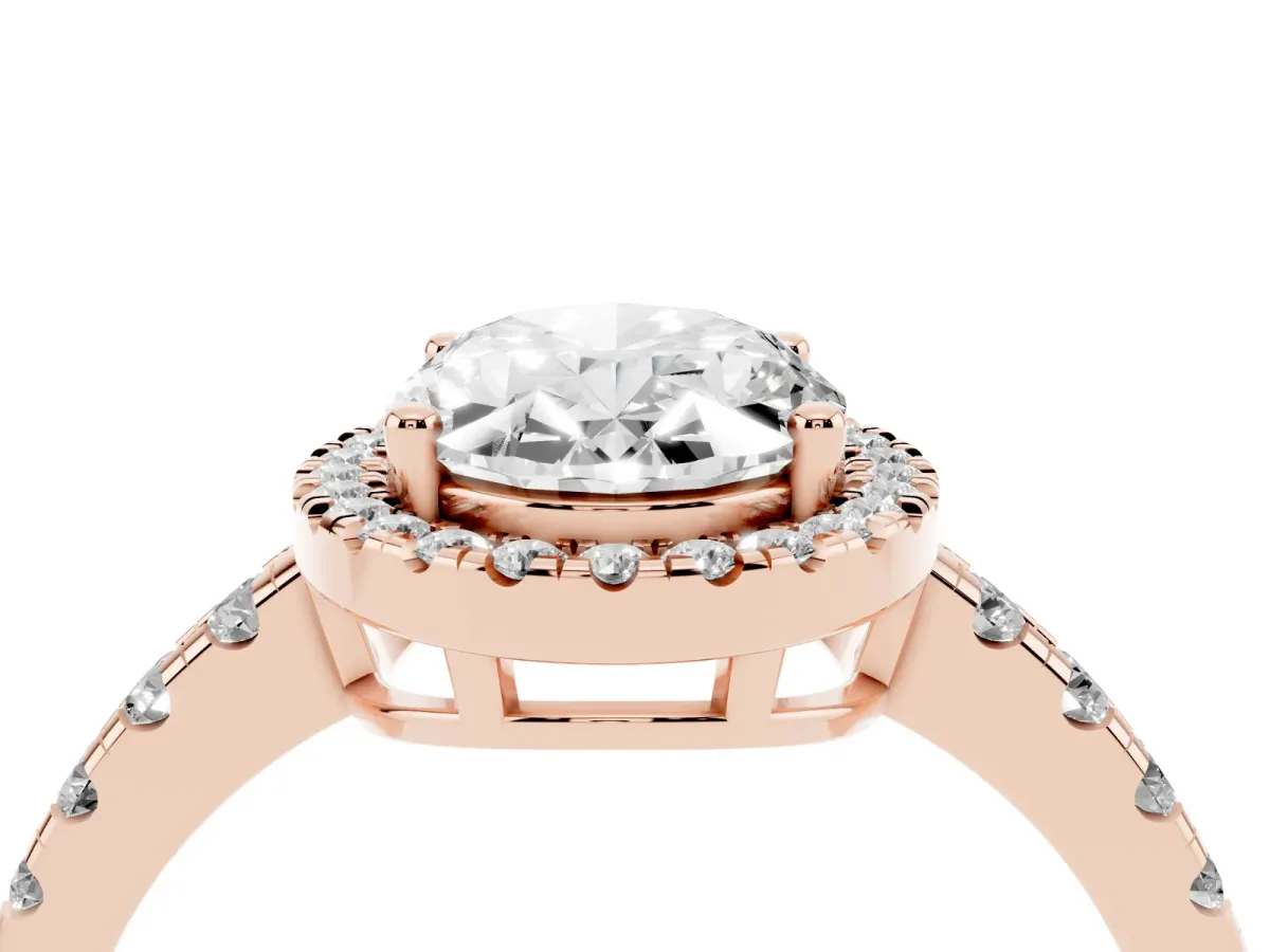 Oval Cut Diamond Halo Ring with Pavé Band and Four-Prong Setting Rose gold