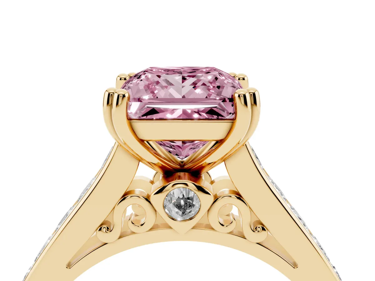 Fancy Pink Princess Cut Cut Channel Set Solitaire Engagement Ring with Prong Setting Yellow gold