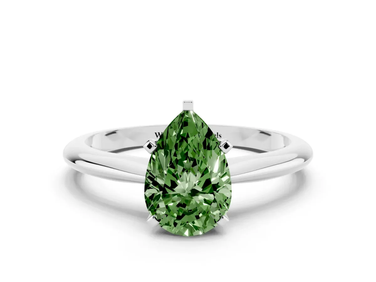 Fancy Green Pear Cut Cut Solitaire Ring with Four-Prong Setting on a Classic Band Platinum