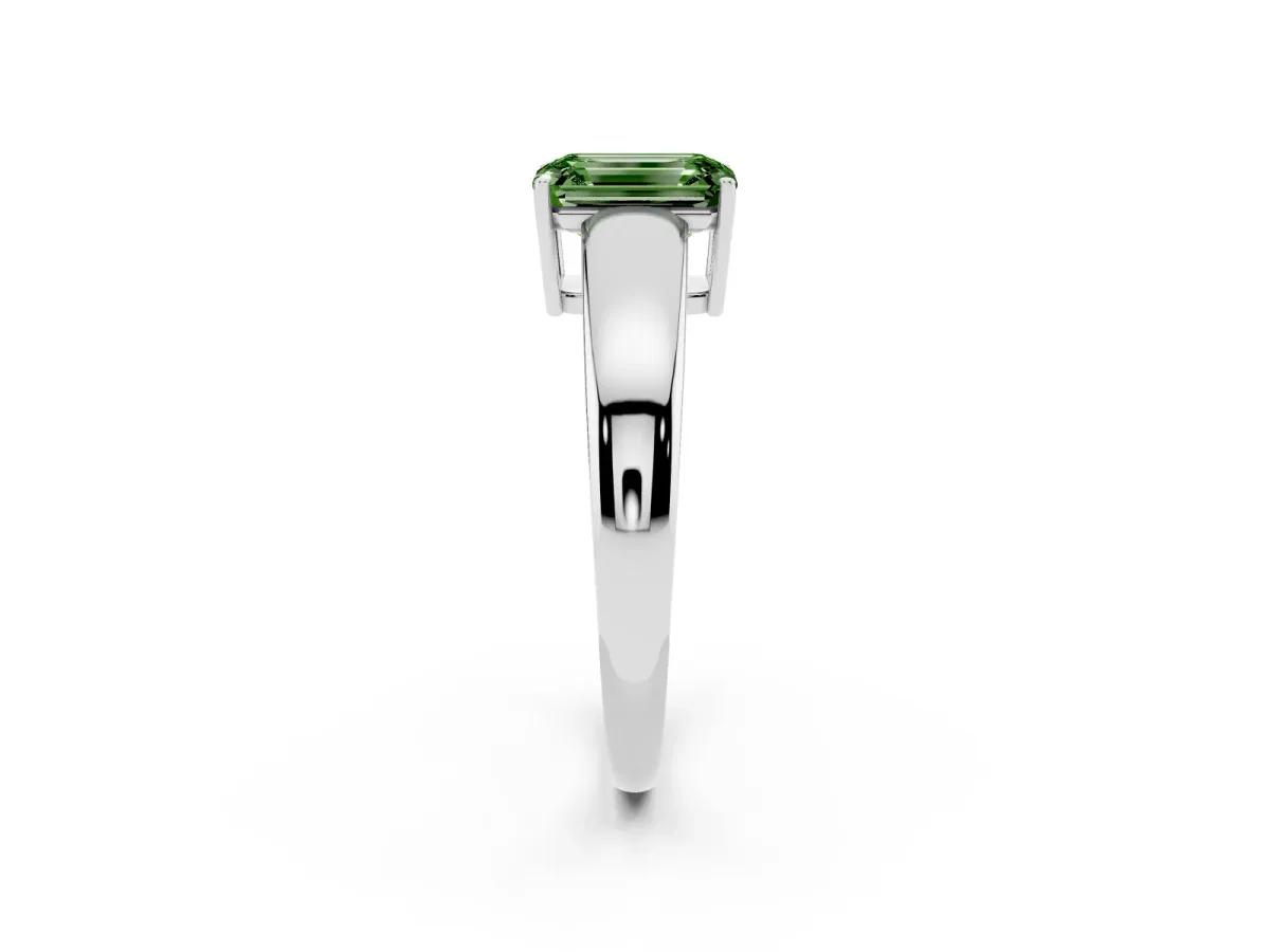 Fancy Green Emerald Cut Solitaire Diamond Ring with Tapered Band and Four-Prong Setting White gold