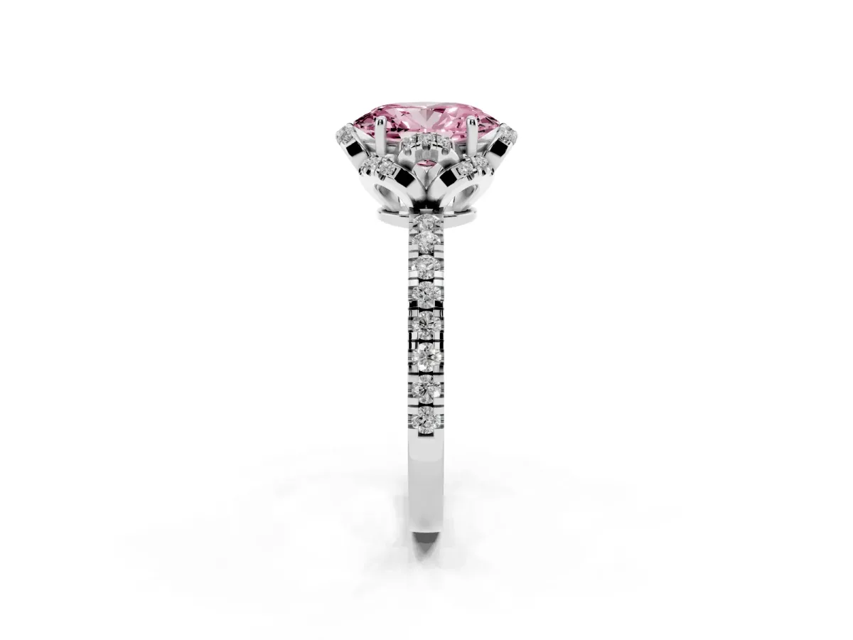 Fancy Pink Oval Cut Diamond Halo Pave Band with Four-Prong Setting Silver