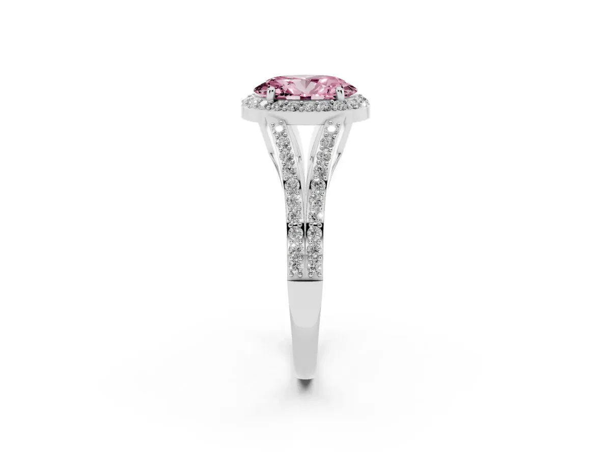 Fancy Pink Oval Cut Halo Split Shank Pave Diamond Ring with Four-Prong Setting White gold