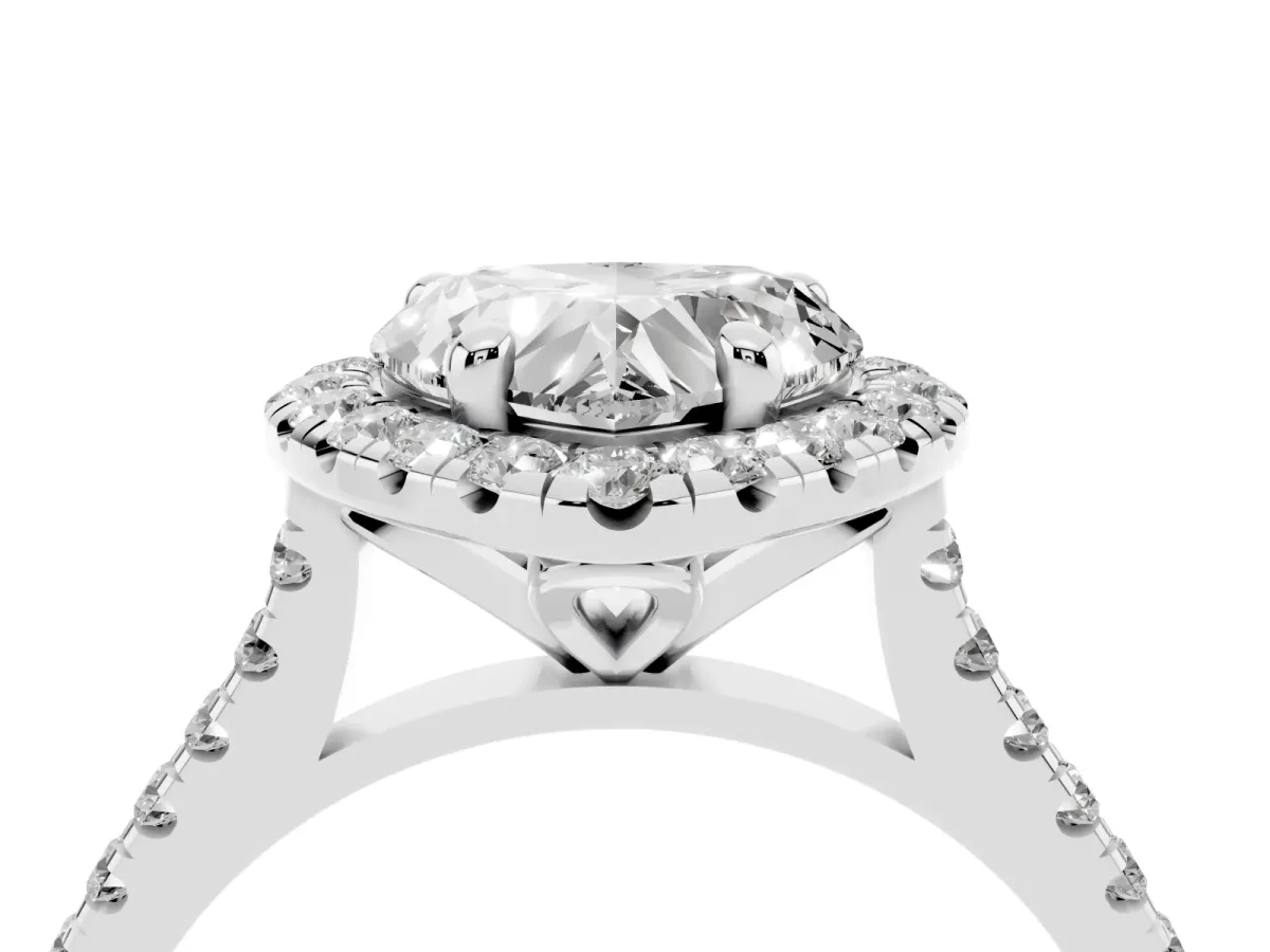 Heart Cut Diamond Cushion Halo Ring with Pavé Band Silver