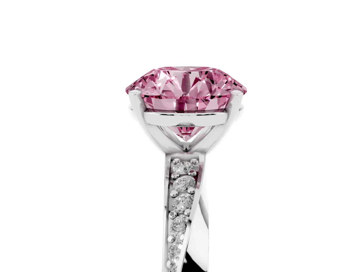 Fancy Pink Round Cut Diamond Engagement Ring with Side Stone Accents and Four-Prong Setting Silver