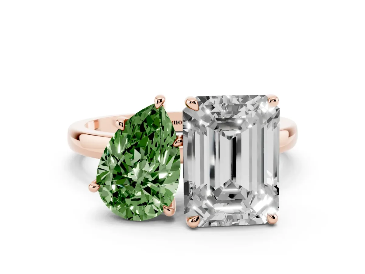 Fancy Green Pear Cut and Emerald Cut Toi Moi Ring with Prong Setting Rose gold