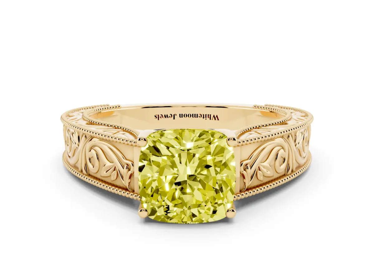 Fancy Yellow Cushion Cut Diamond Solitaire Ring with Engraved Band and Four-Prong Setting Yellow gold