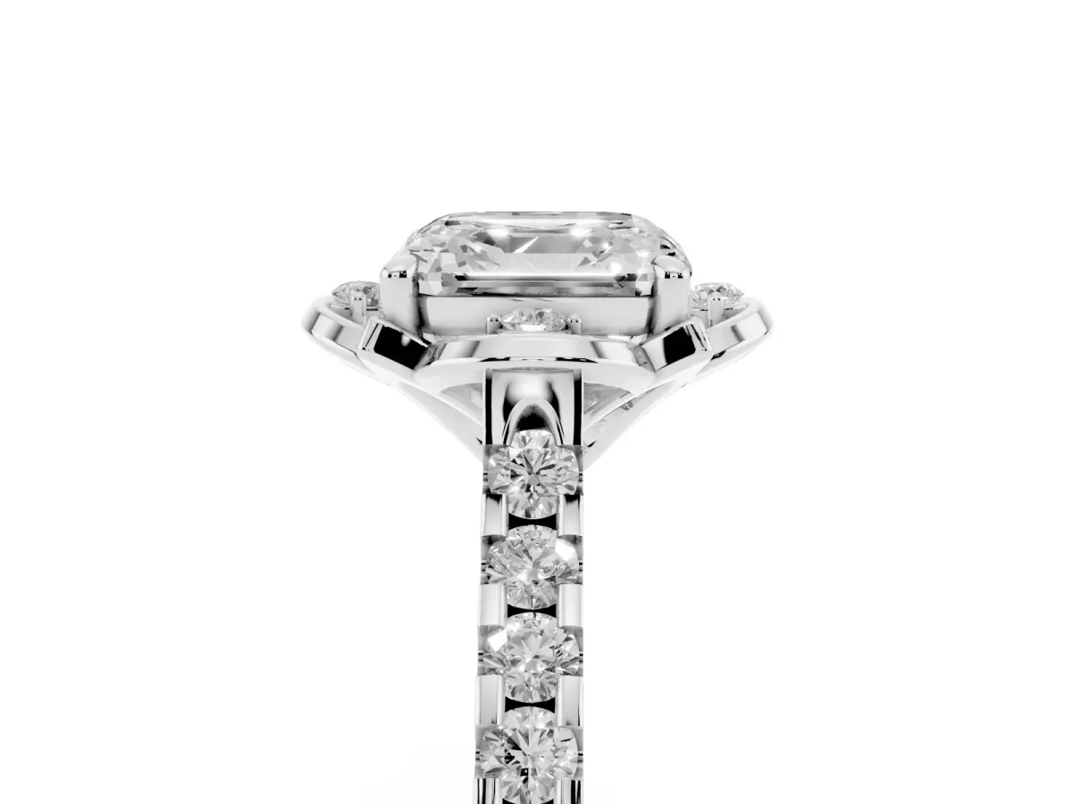 Asscher Cut Diamond Ring with Pavé Band and Floral Prong Setting Platinum