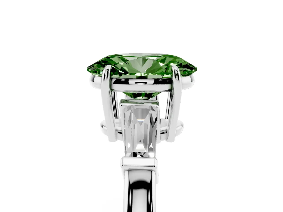 Fancy Green Oval Cut Diamond Three-Stone Ring with Tapered Baguette Side Stones and Prong Setting White gold