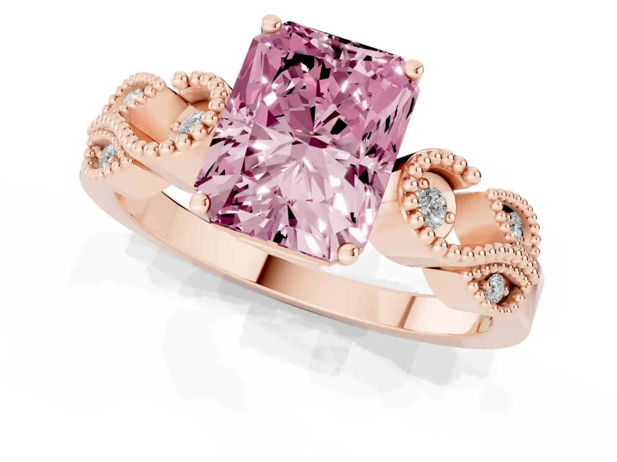 Fancy Pink Radiant Cut Solitaire Milgrain Leaf Band with Prong Setting Rose gold