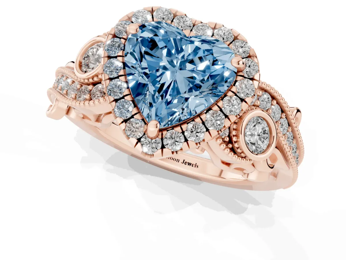 Fancy Blue Heart Cut Diamond Halo Ring with Milgrain Pavé Band and Four-Prong Setting Rose gold