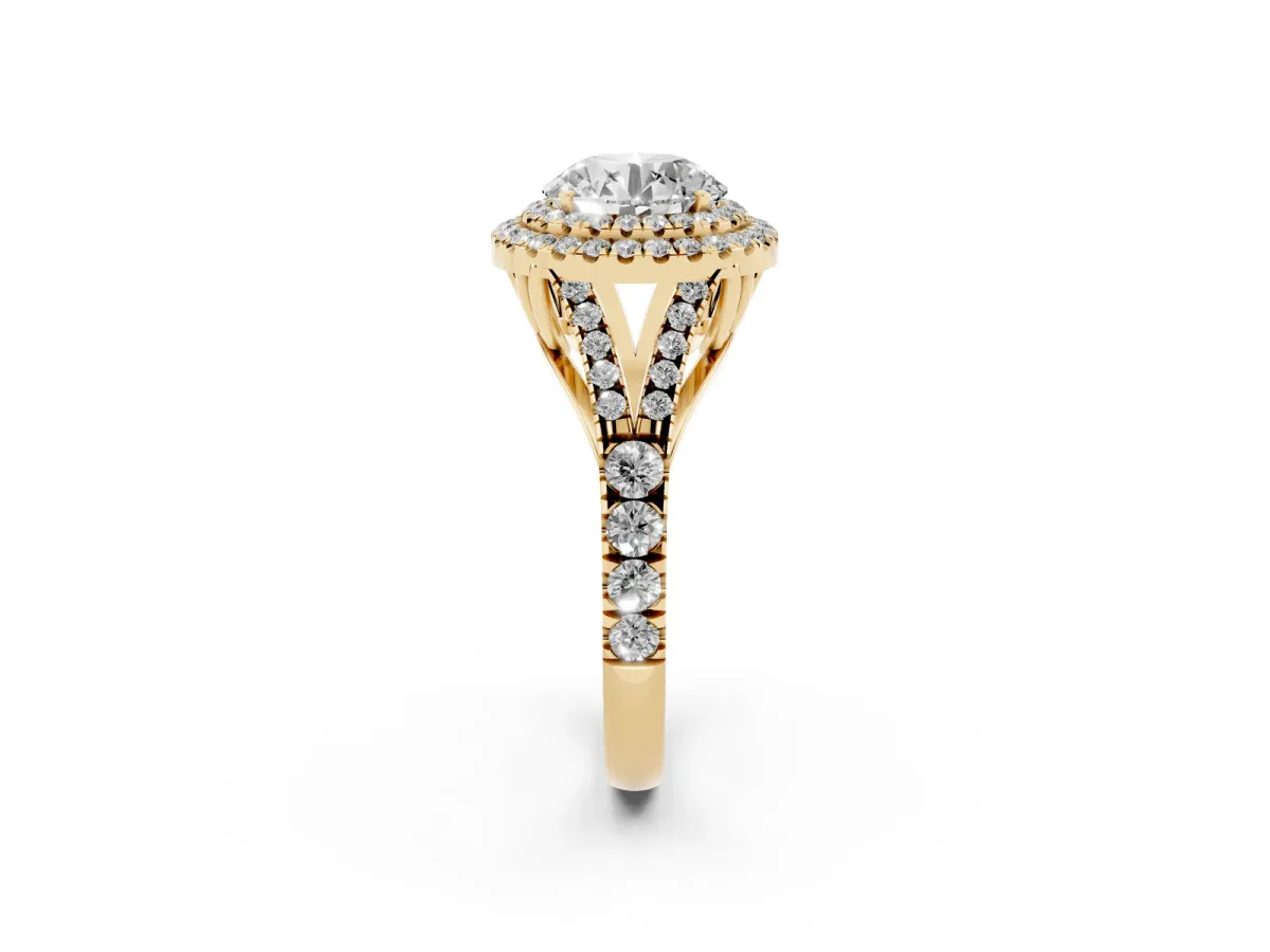 Round Cut Diamond Pavé Split Shank Double Halo Engagement Ring Yellow gold