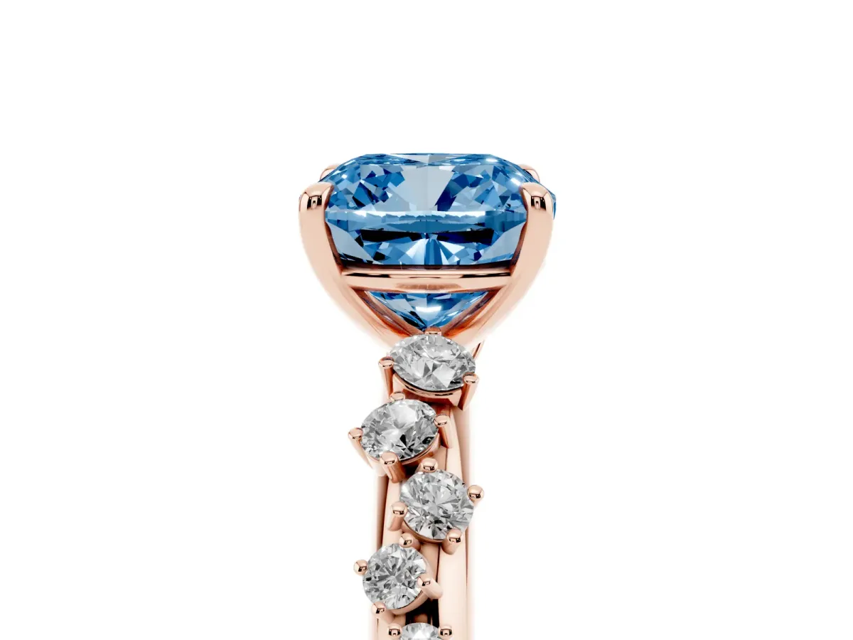 Fancy Blue Cushion Cut Diamond Cluster Prong-Set Solitaire Ring Rose gold