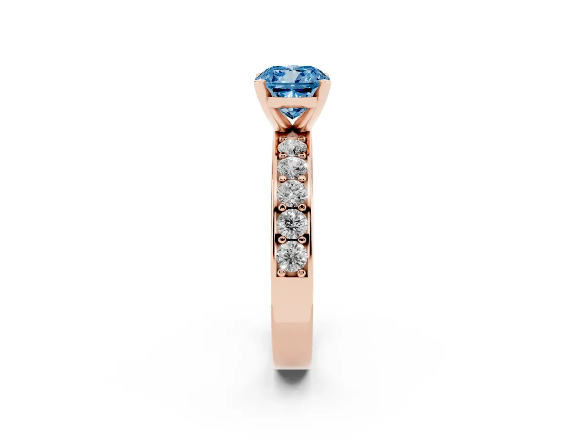 Fancy Blue Cushion Cut Diamond Engagement Ring with Channel Set Round Band and Prong Setting Rose gold