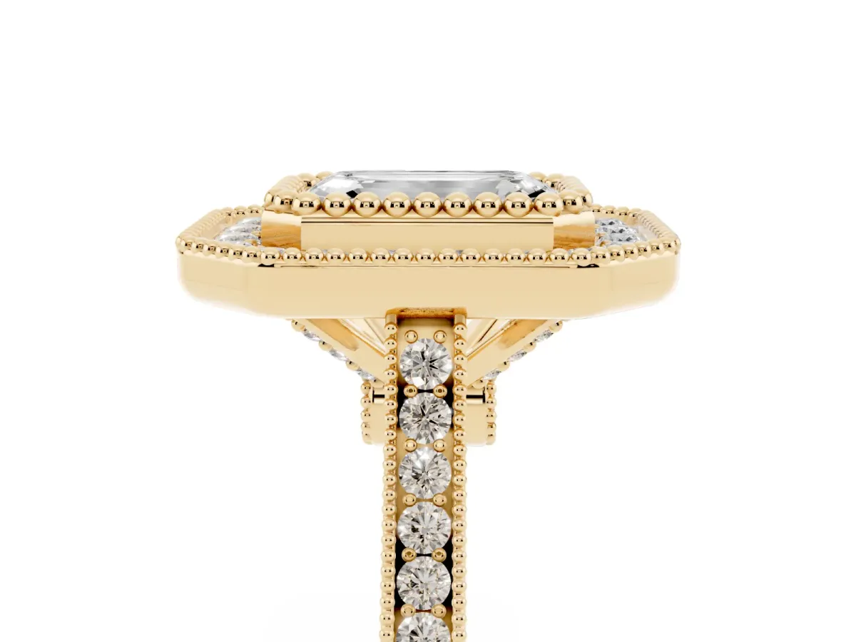 Emerald Cut Diamond Halo Ring with Milgrain Frame and Pavé Band Yellow gold