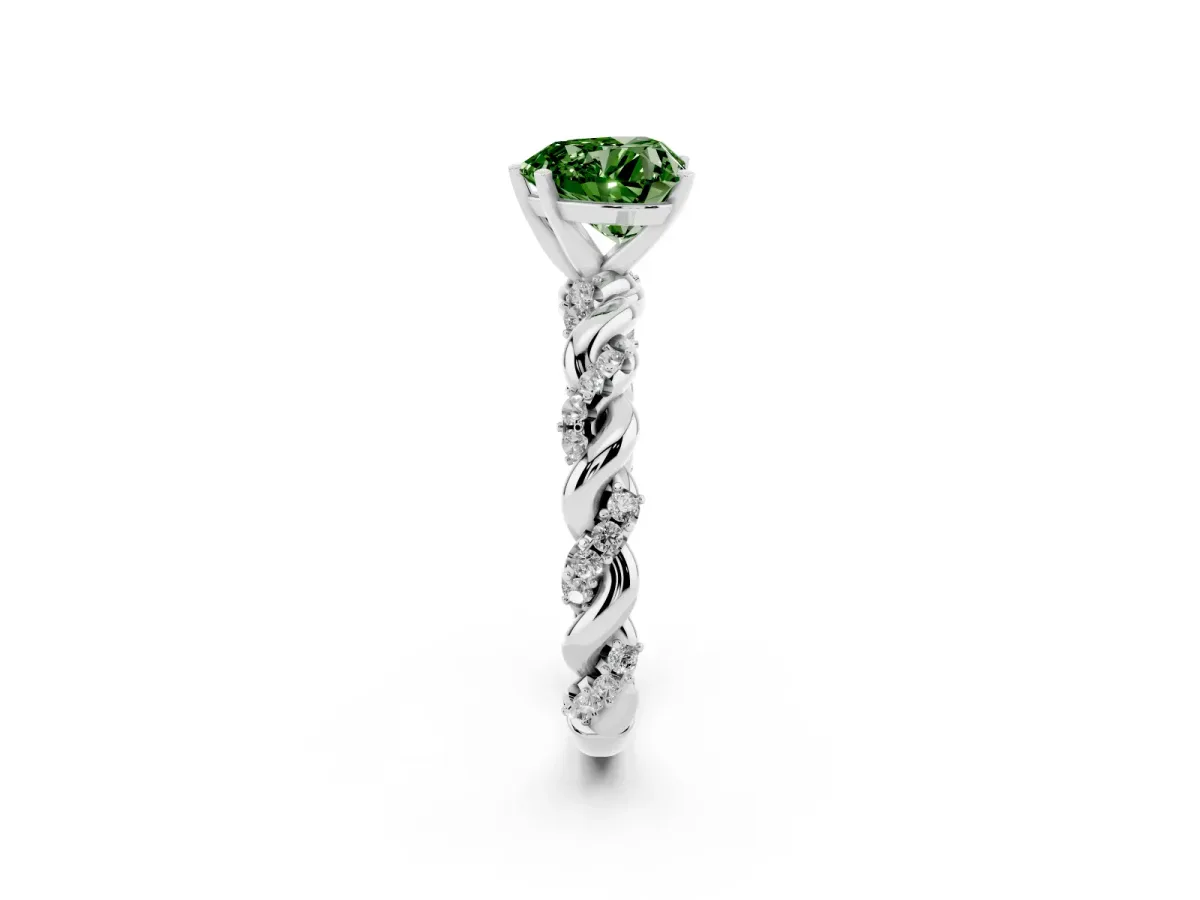 Fancy Green Heart Cut Diamond Solitaire Ring with Twisted Band and Pavé Accents Silver