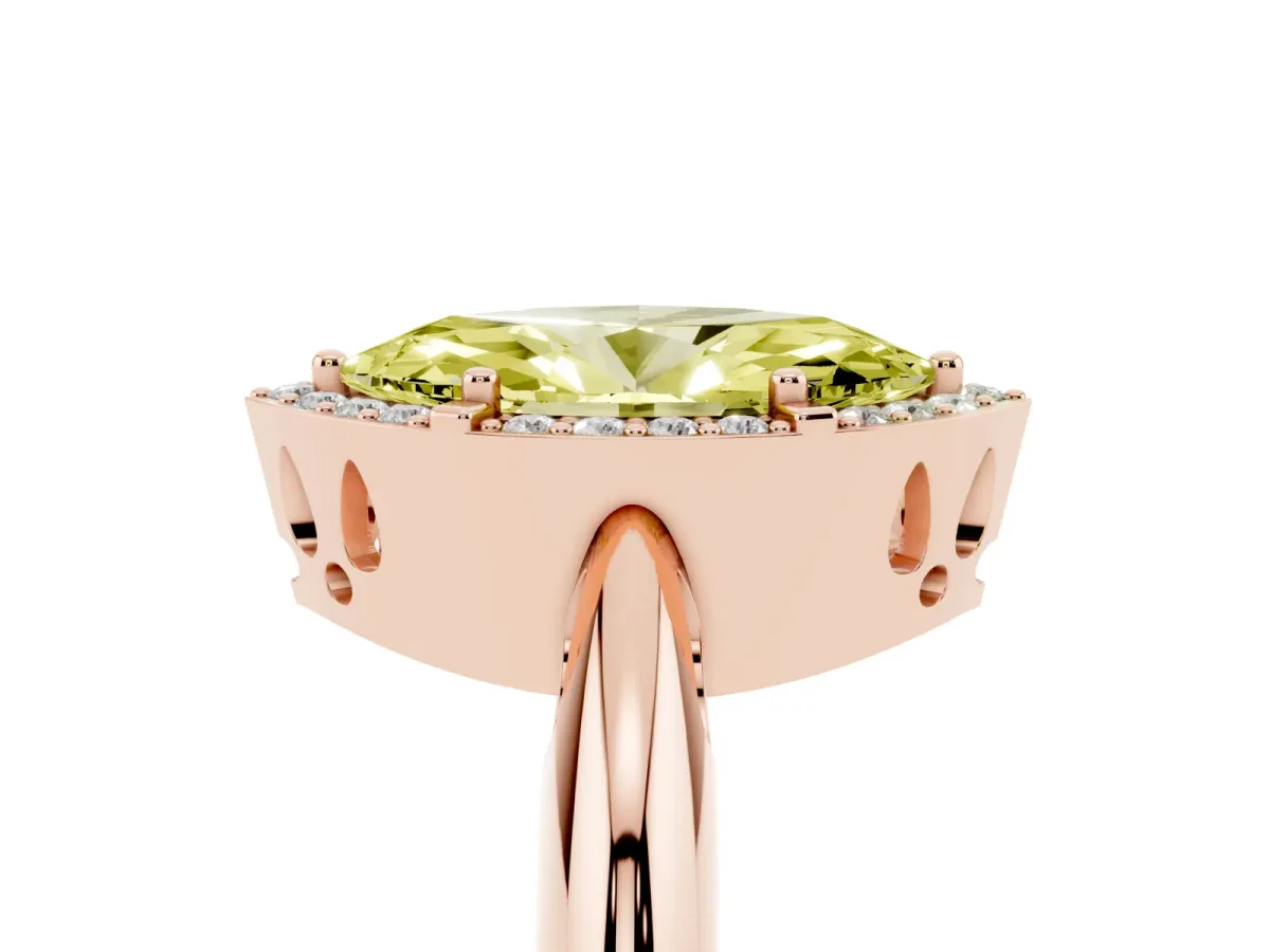 Fancy Yellow Marquise Cut Cut Diamond Halo Engagement Ring with Split Shank and Four-Prong Setting Rose gold