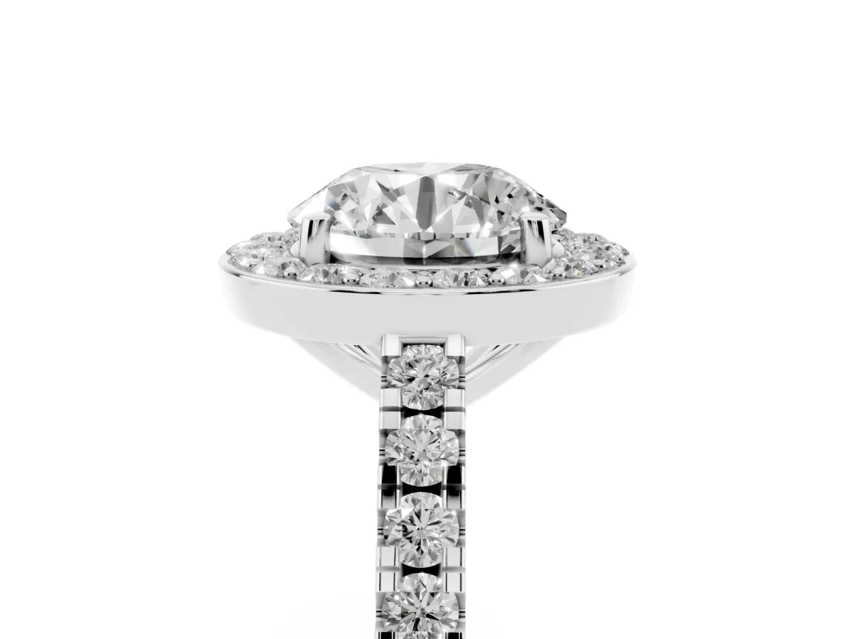 Round Cut Diamond Halo Ring with Round Pavé Split Shank and Prong Setting Silver