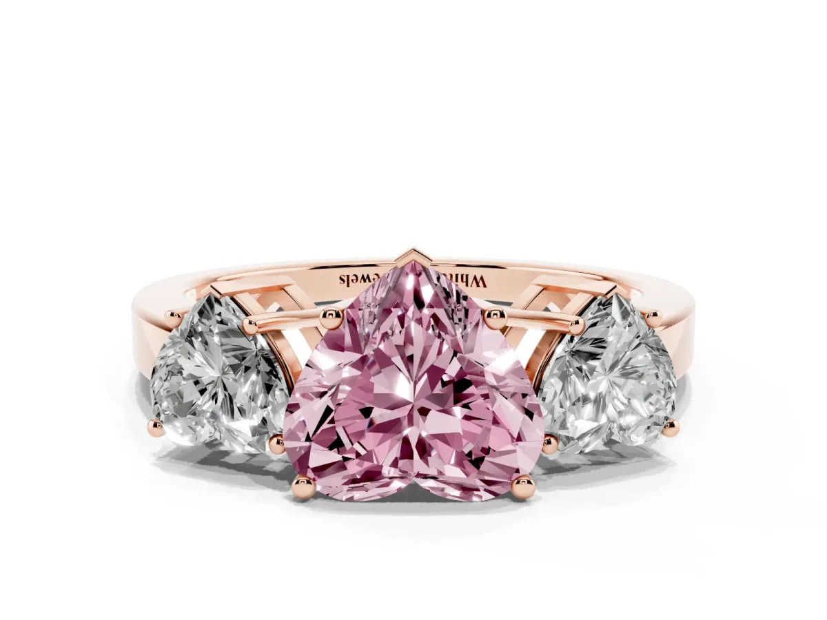 Fancy Pink Three-Stone Heart Cut Cut Diamond Engagement Ring with Flat Band and Four-Prong Setting Rose gold