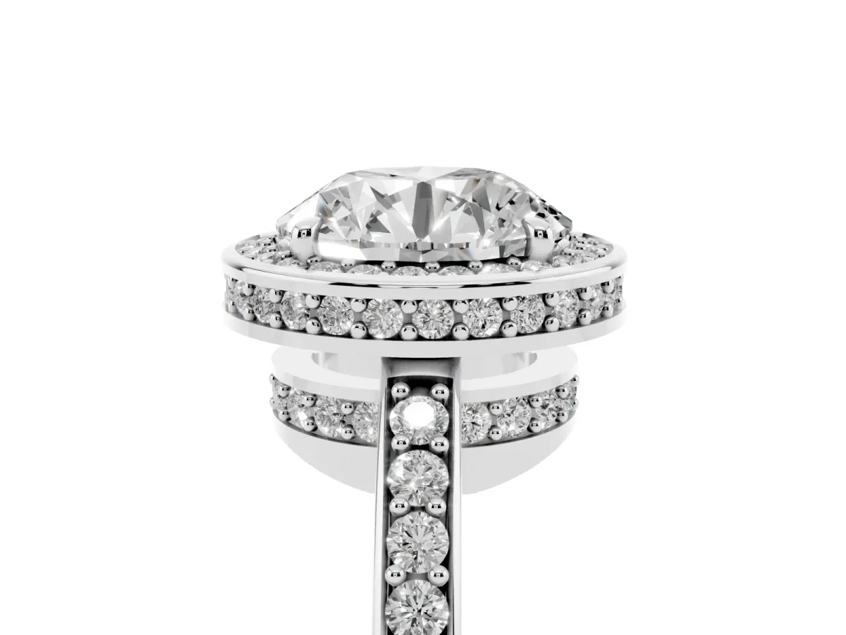 Round Cut Halo Pave Band Solitaire Ring with Prong Setting Silver