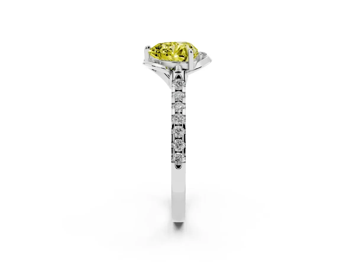 Fancy Yellow Heart Cut Diamond Ring with Pavé Band and Floral Prong Setting Silver