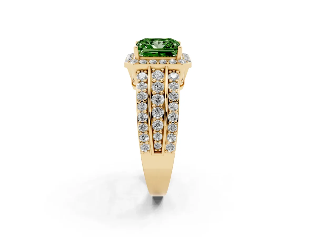 Fancy Green Princess Cut Halo Diamond Ring with Round Split Shank and Prong Setting Yellow gold