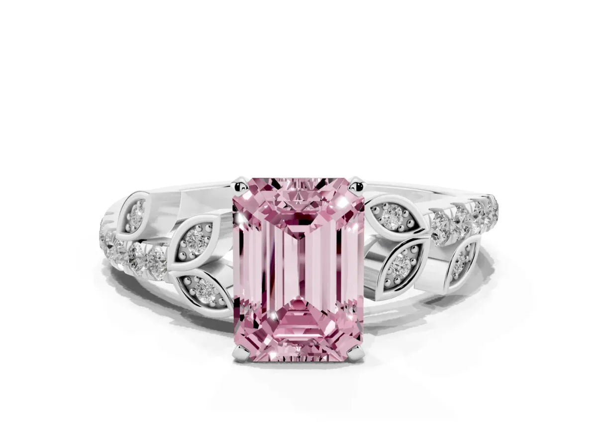 Fancy Pink Emerald Cut Solitaire Leaf-Inspired Diamond Ring with Pavé Band and Four-Prong Setting Silver