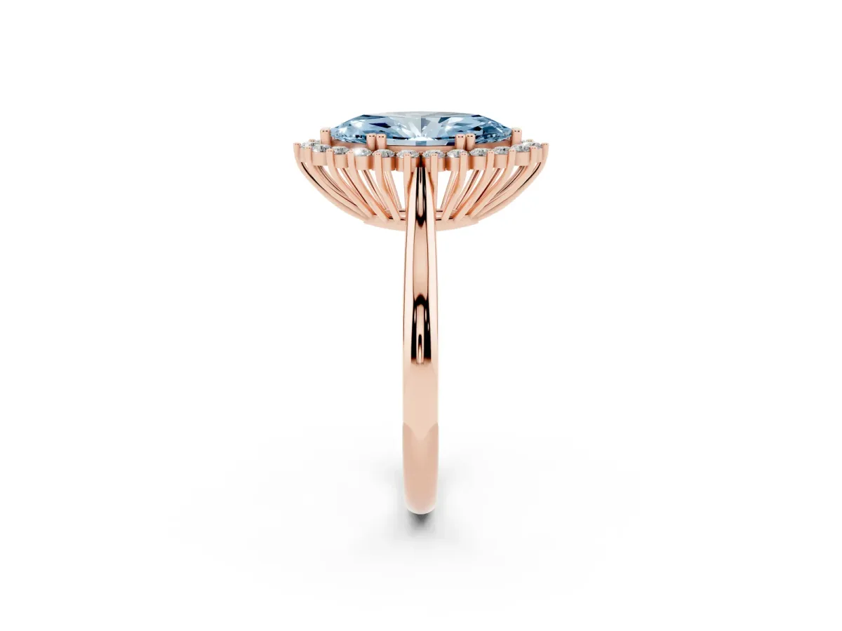 Fancy Blue Marquise Cut Cut Diamond Halo Ring with Solitaire Band and Prong Setting Rose gold
