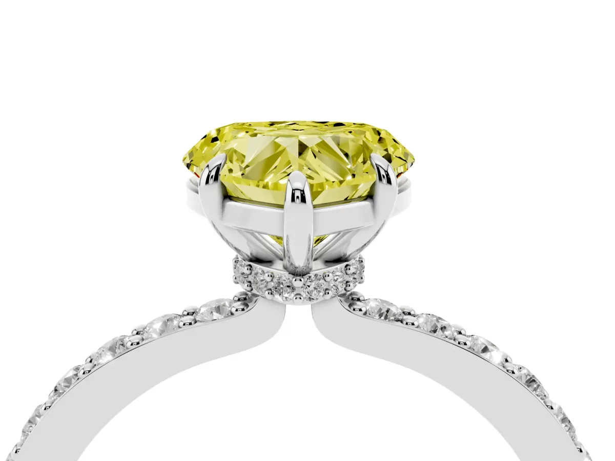 Fancy Yellow Heart Cut Diamond Pavé Engagement Ring with Round Accents and Prong Setting Silver