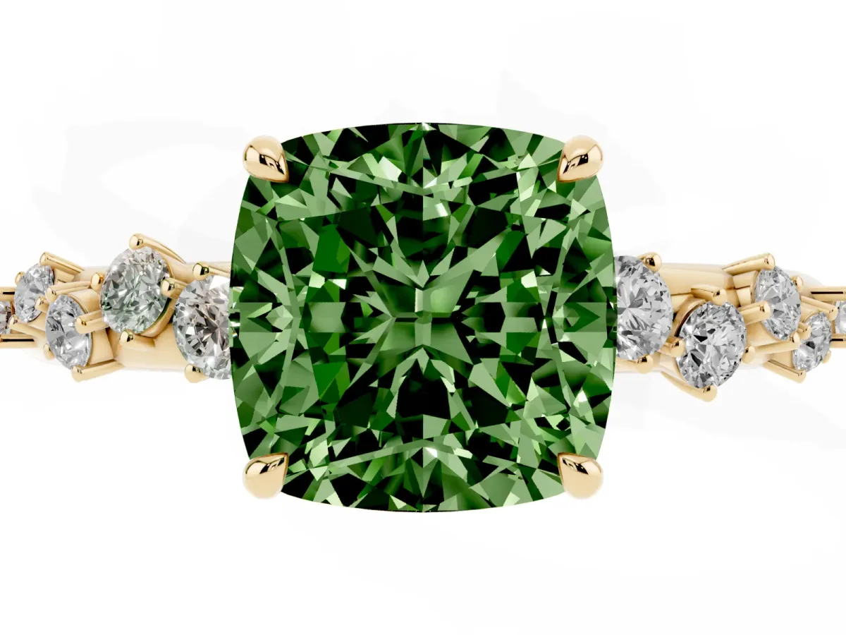 Fancy Green Cushion Cut Diamond Cluster Prong-Set Solitaire Ring Yellow gold