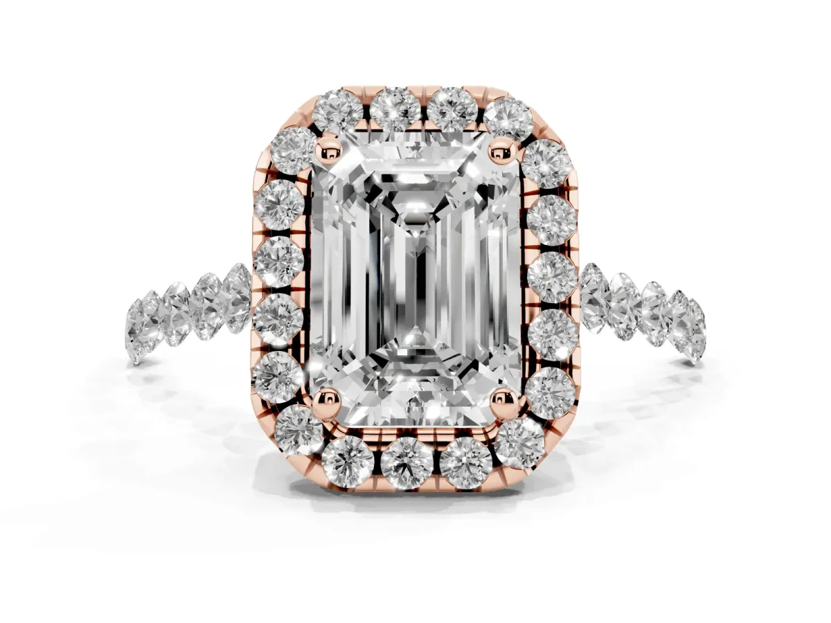 Emerald Cut Halo Pavé Diamond Engagement Ring with Four-Prong Setting Rose gold