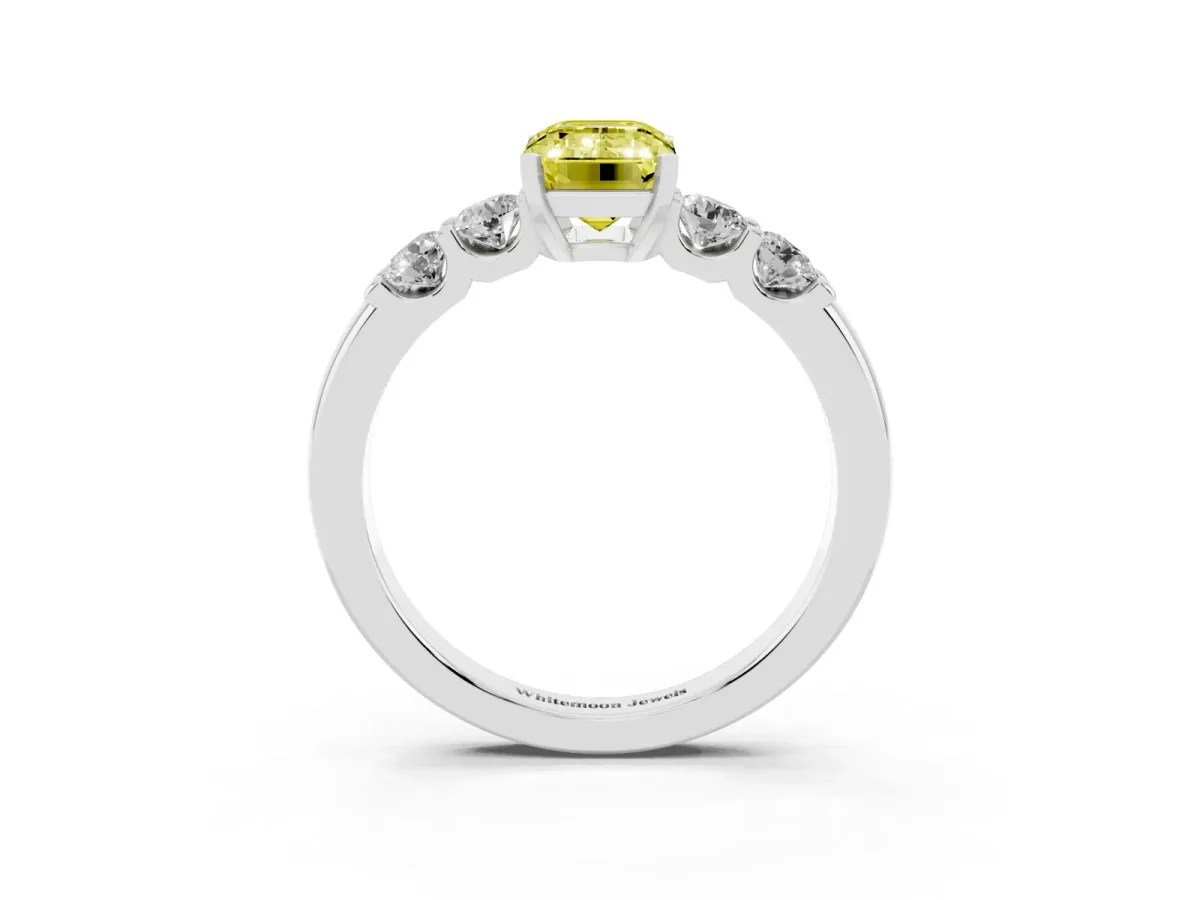 Fancy Yellow Emerald Cut Brilliant Cut Diamond Five-Stone Prong Set Engagement Ring with Channel Band Silver