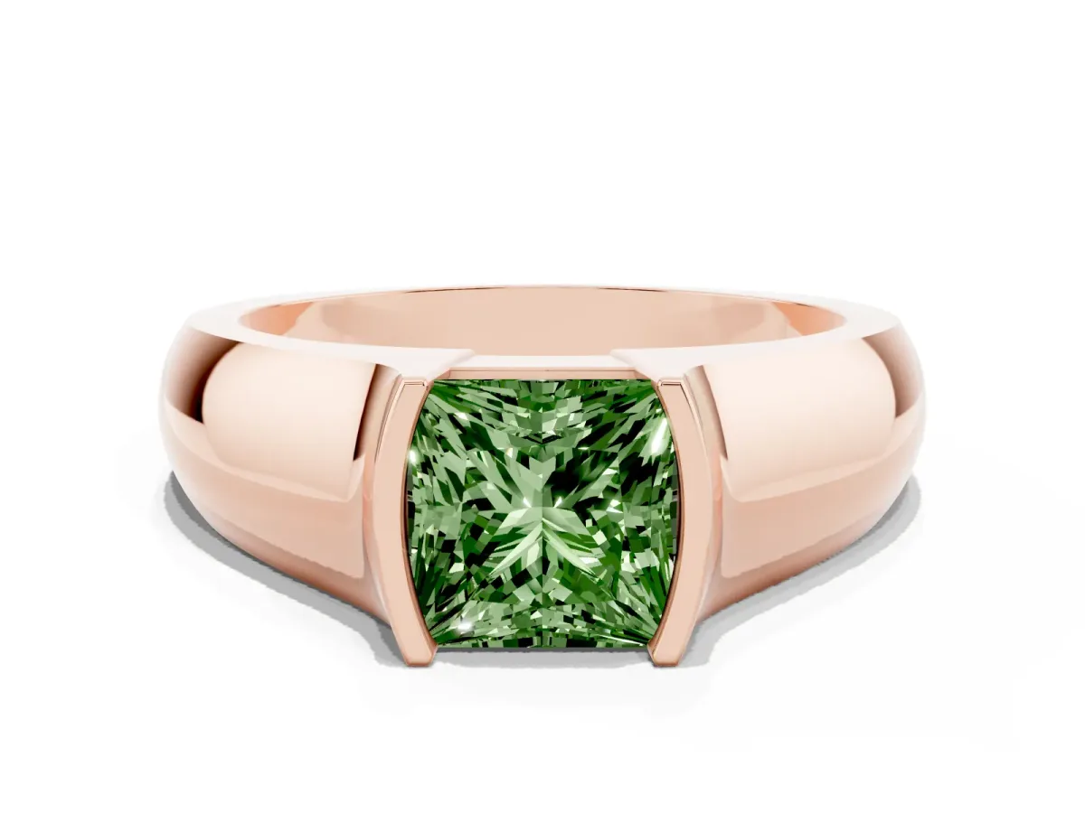 Fancy Green Princess Cut Solitaire Bezel Set Diamond Ring with Wide Band Rose gold