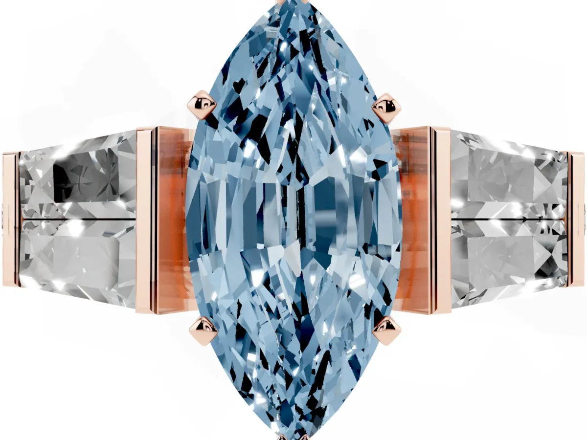 Fancy Blue Marquise Cut Diamond Engagement Ring with Baguette Side Stones and Channel Set Band Rose gold