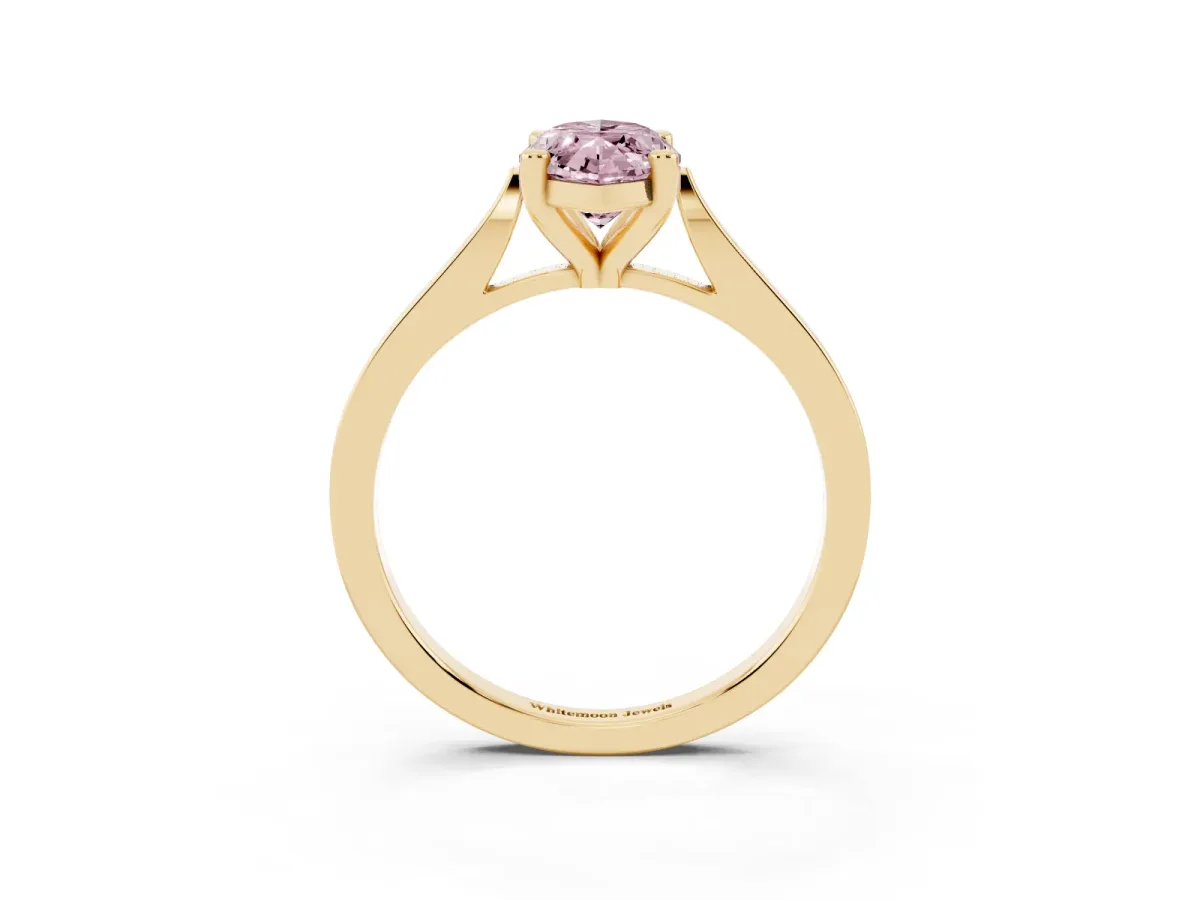 Fancy Pink Marquise Cut Solitaire Diamond Ring with Four-Prong Setting and Tapered Band Yellow gold