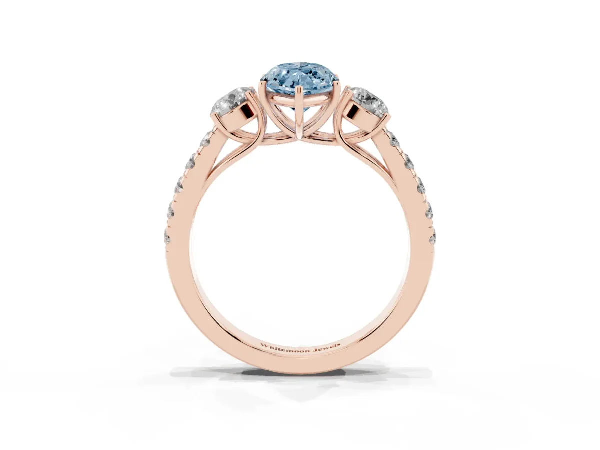 Fancy Blue Marquise Cut Cut Diamond Three-Stone Ring with Round Side Stones and Pavé Band Rose gold