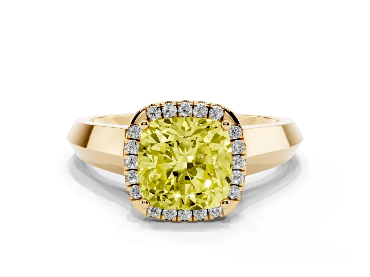 Fancy Yellow Cushion Cut Halo Diamond Ring with Cathedral Band and Four-Prong Setting Yellow gold