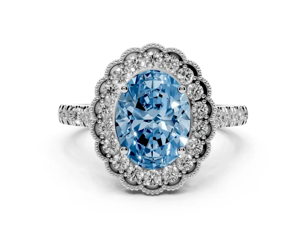Fancy Blue Oval Cut Cut Diamond Milgrain Floral Halo Engagement Ring with Pavé Band White gold