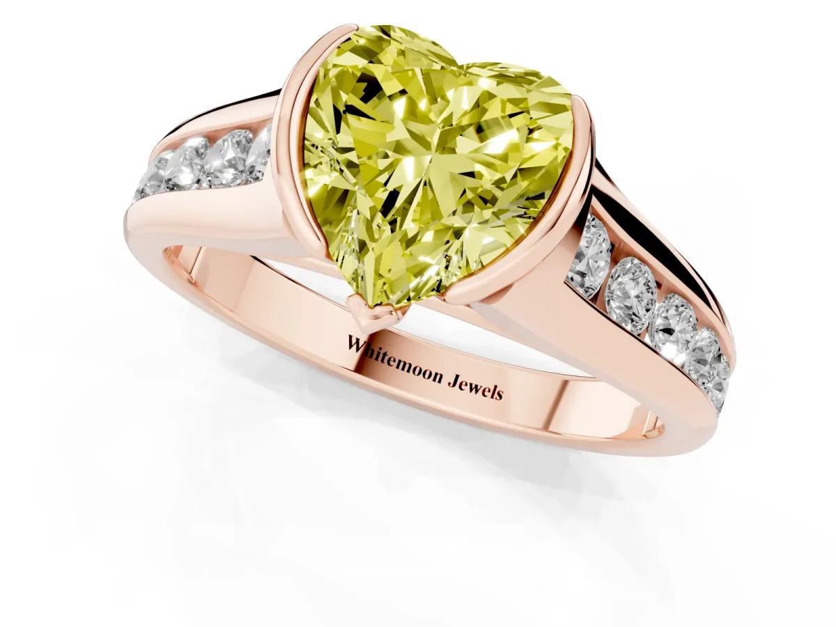 Fancy Yellow Heart Cut Solitaire Bezel-Set Diamond Ring with Channel-Set Band Rose gold