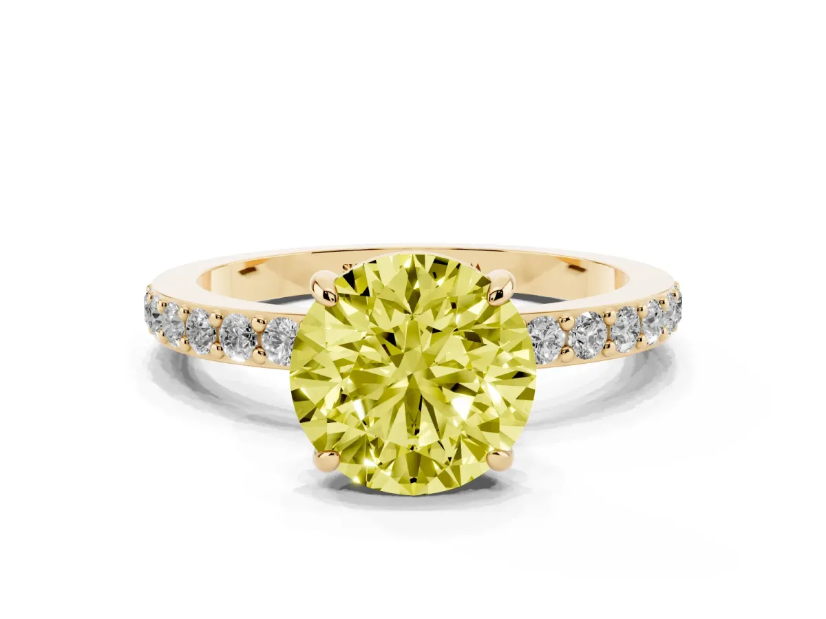 Fancy Yellow Round Cut Diamond Pavé Engagement Ring with Round Accents and Prong Setting Yellow gold