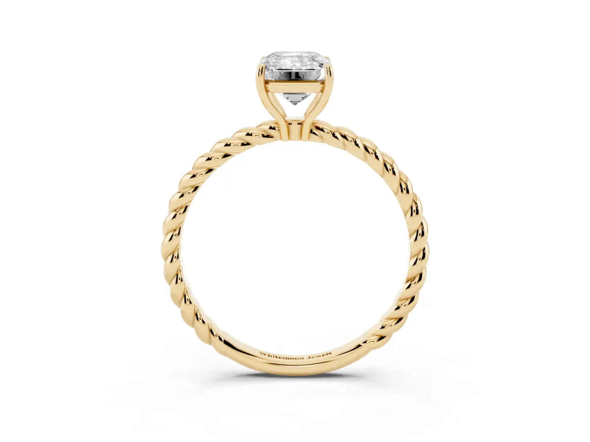 Emerald Cut Solitaire Twist Band Ring with Four-Prong Setting Yellow gold