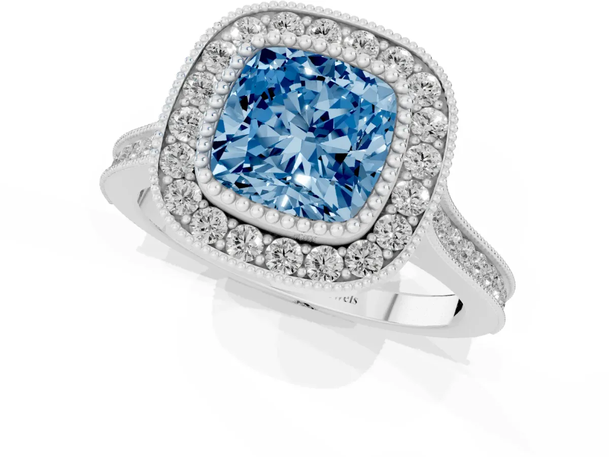 Fancy Blue Cushion Cut Diamond Halo Ring with Milgrain Frame and Pavé Band White gold