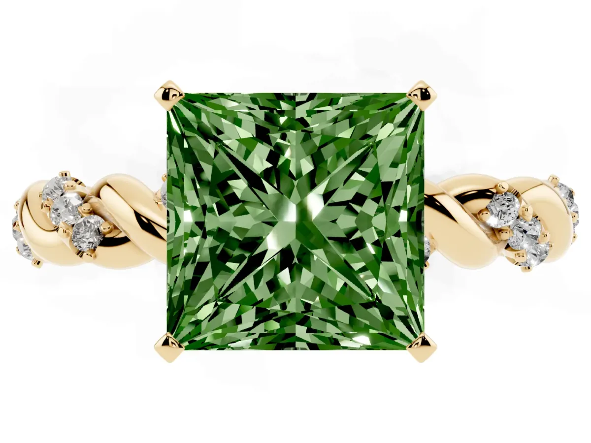 Fancy Green Princess Cut Diamond Solitaire Ring with Twisted Band and Pavé Accents Yellow gold