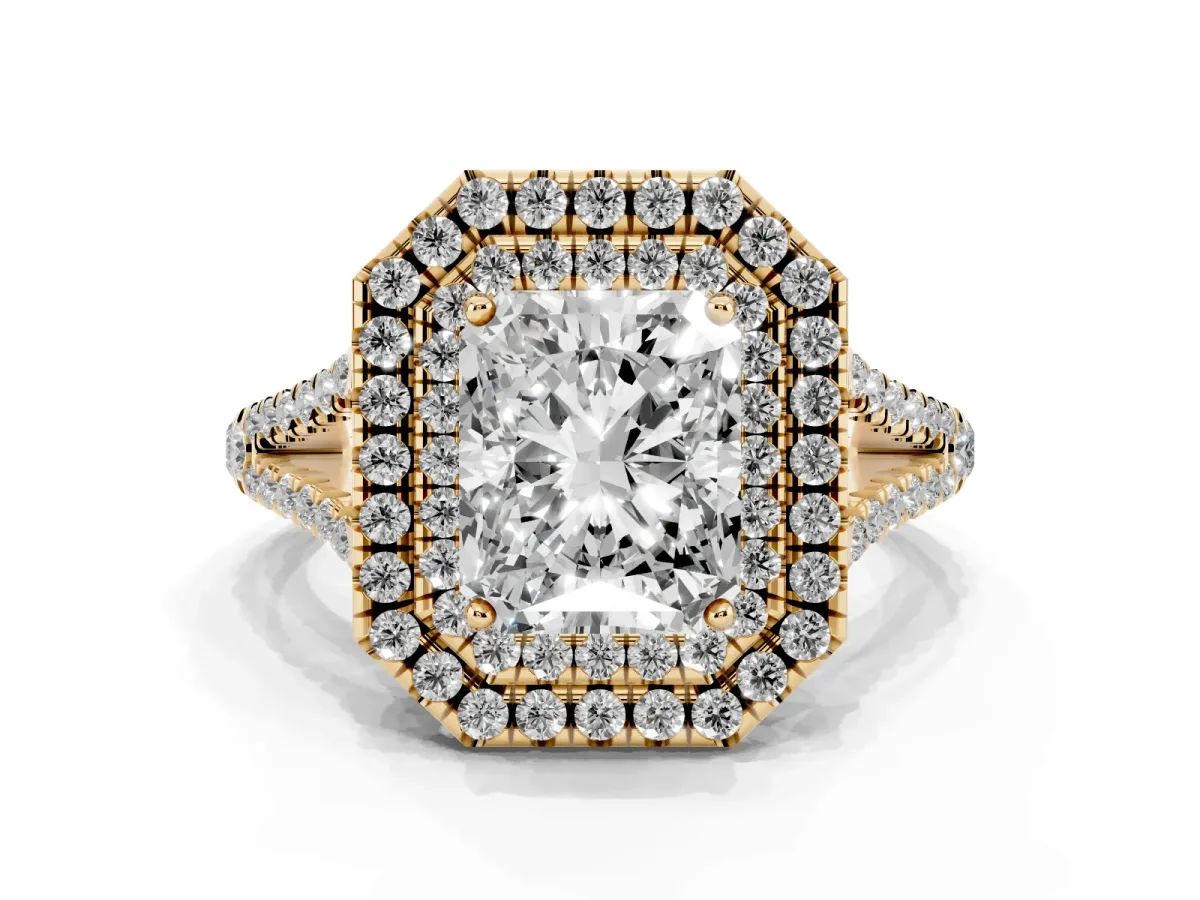 Radiant Cut Diamond Double Halo Ring with Pavé Band and Prong Setting Yellow gold