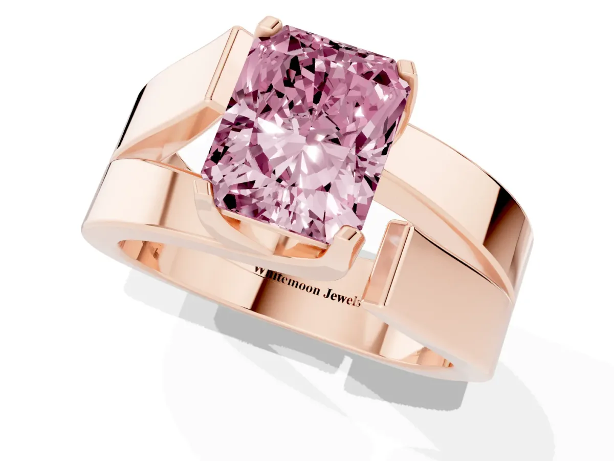 Fancy Pink Modern Tension Set Radiant Cut Diamond Solitaire Wide Band Ring Rose gold